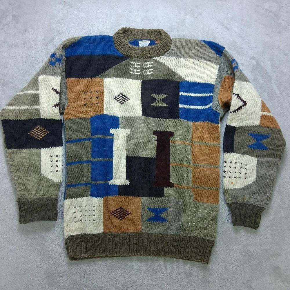 Mens Vintage J.W. Inc Geometric Knit Sweater Gray Blue Brown Crewneck Pullover